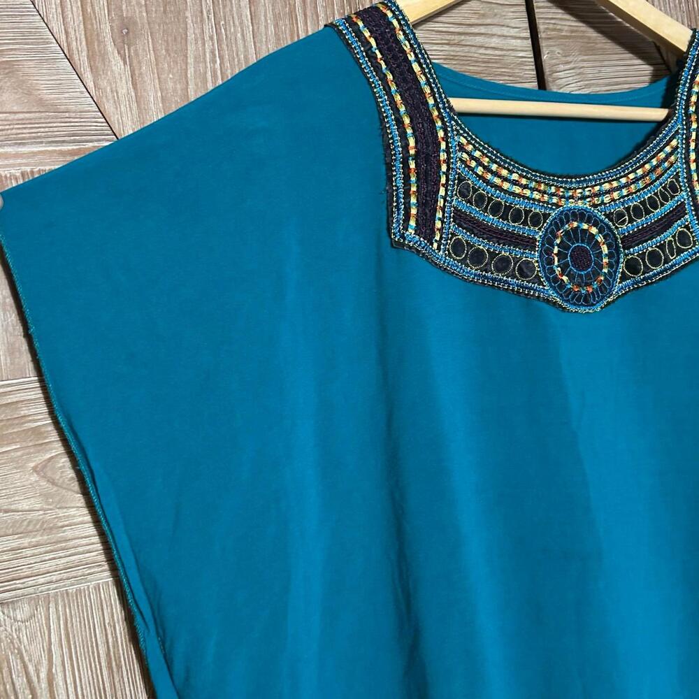 Womens Teal Tunic Dress Embroidered Neckline Size Medium Bohochic - Picture 3 of 5